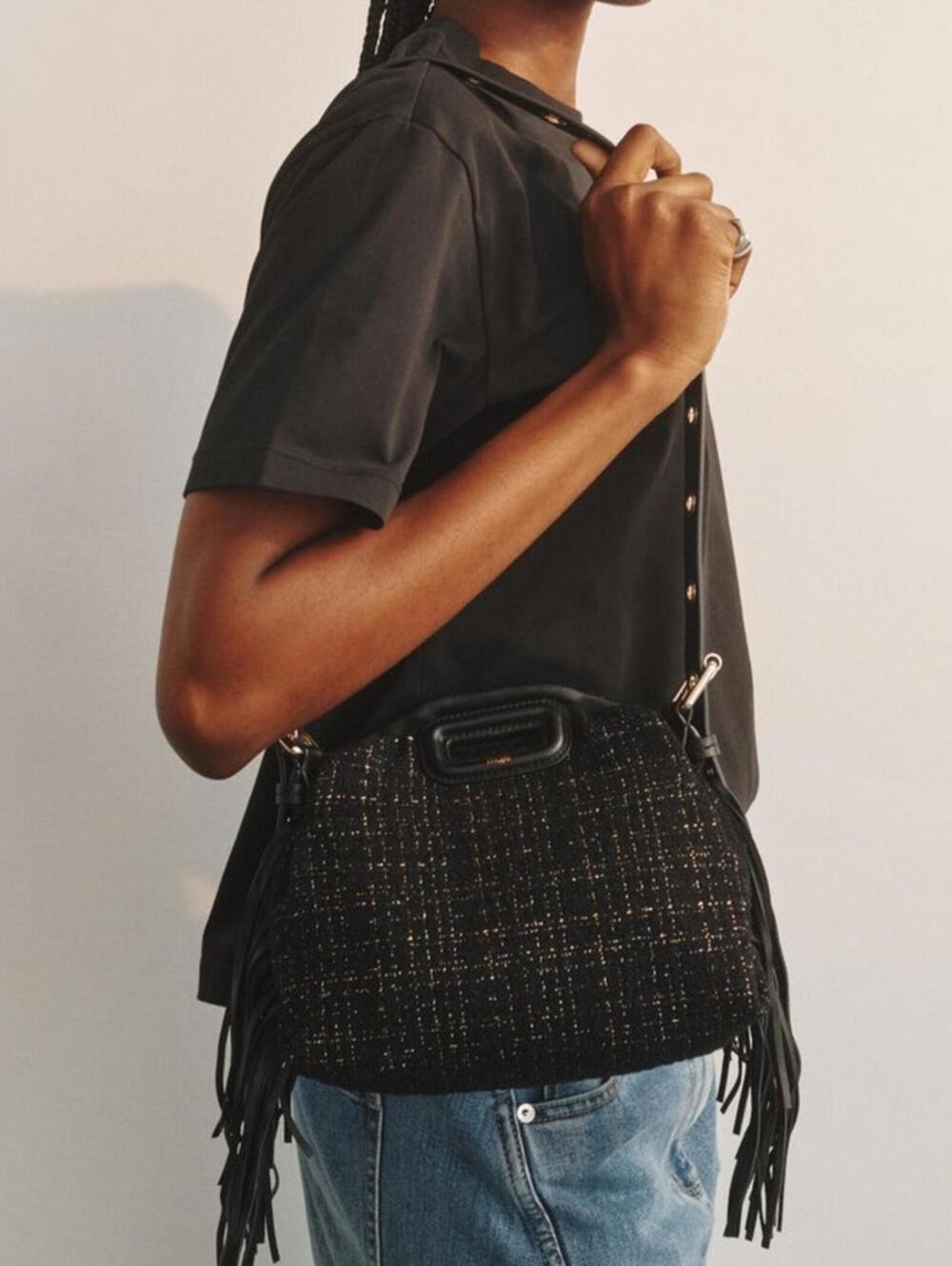 NWT MAJE Black Gold Metallic Tweed Crossbody Shoulder Bag Purse Leather Tassel - Picture 2 of 10